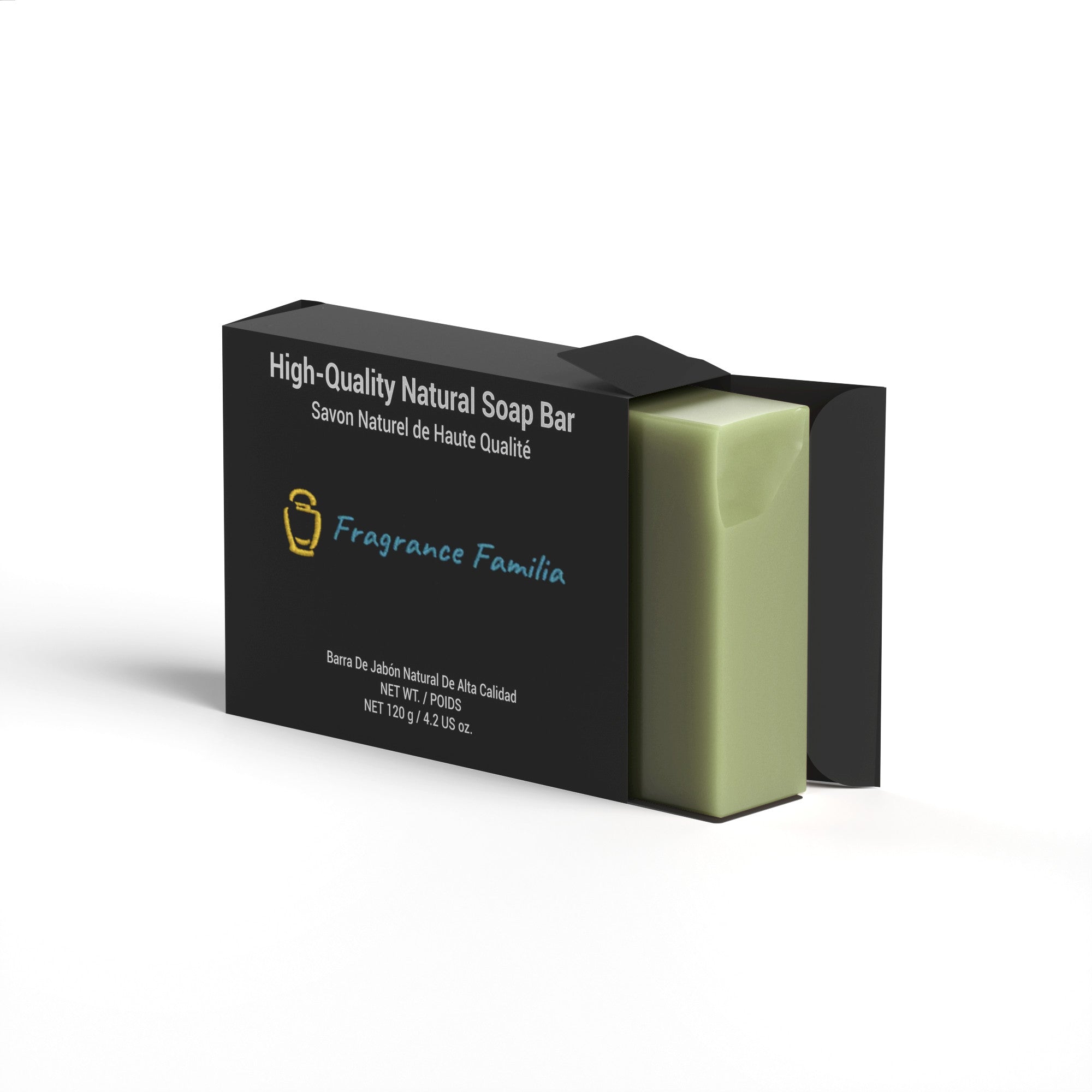 a bar of fragrance familia's organic neem basil soap contained in packaging